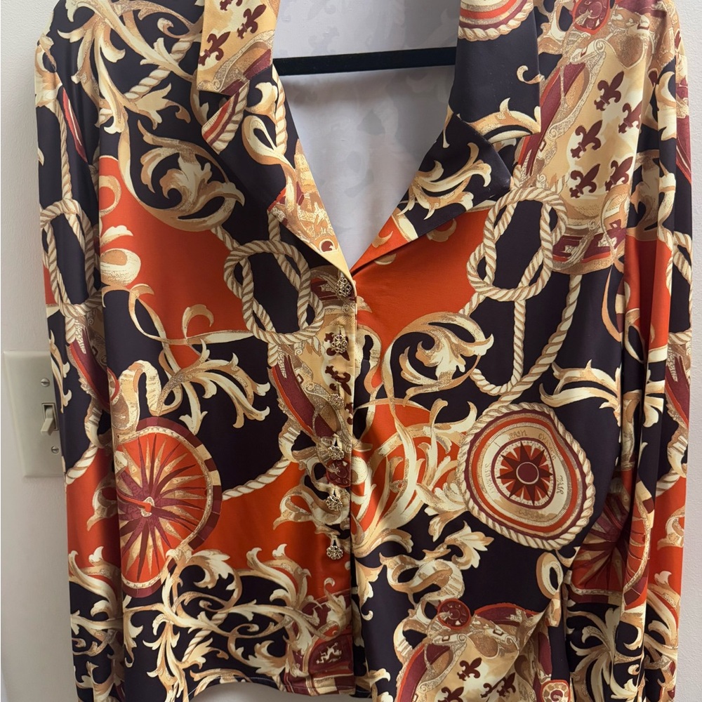 St.John Women’s Bold Orange and Black Long Sleeve Graphic Button Down